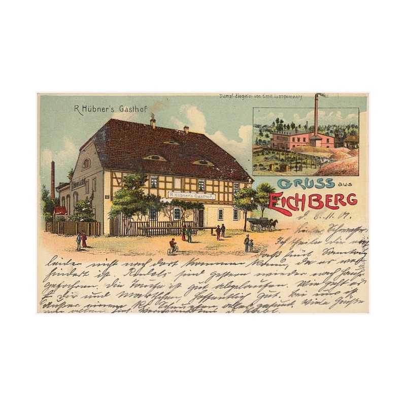 Gruss aus Eichberg. R Hübner's Gasthof. Dampf-Ziegelei von Emil Langemaatz