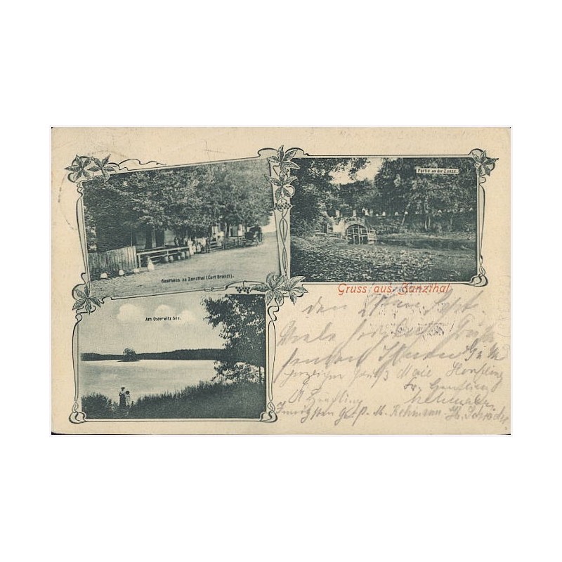 Gruss aus Zanzthal. Gasthaus zu Zanzthal (Curt Brandt). Am Osterwitz See. Partie an der Zanze