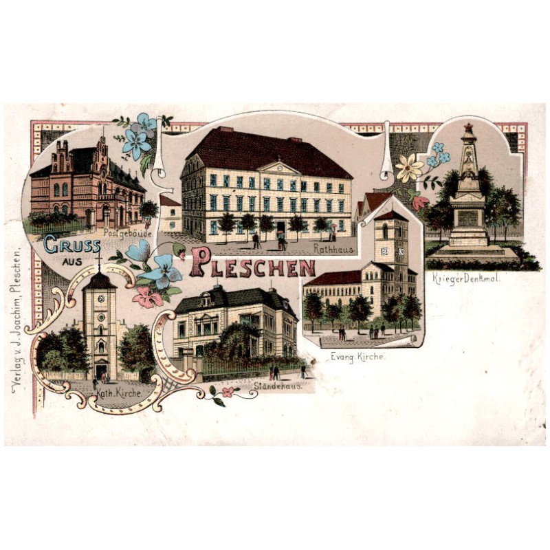 Gruss aus Pleschen. Postgebäude. Rathaus. Krieger Denkmal. Kath. Kirche. Ständehaus. Evang. Kirche.