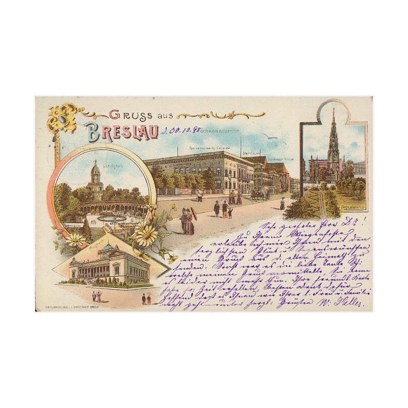Gruss aus Breslau. Liebichshöhe. Schweidnitzerstr. Gouvernemeritz Gebäude. Stadttheater Dorother Kirche. Siegesdenkmal. Museum