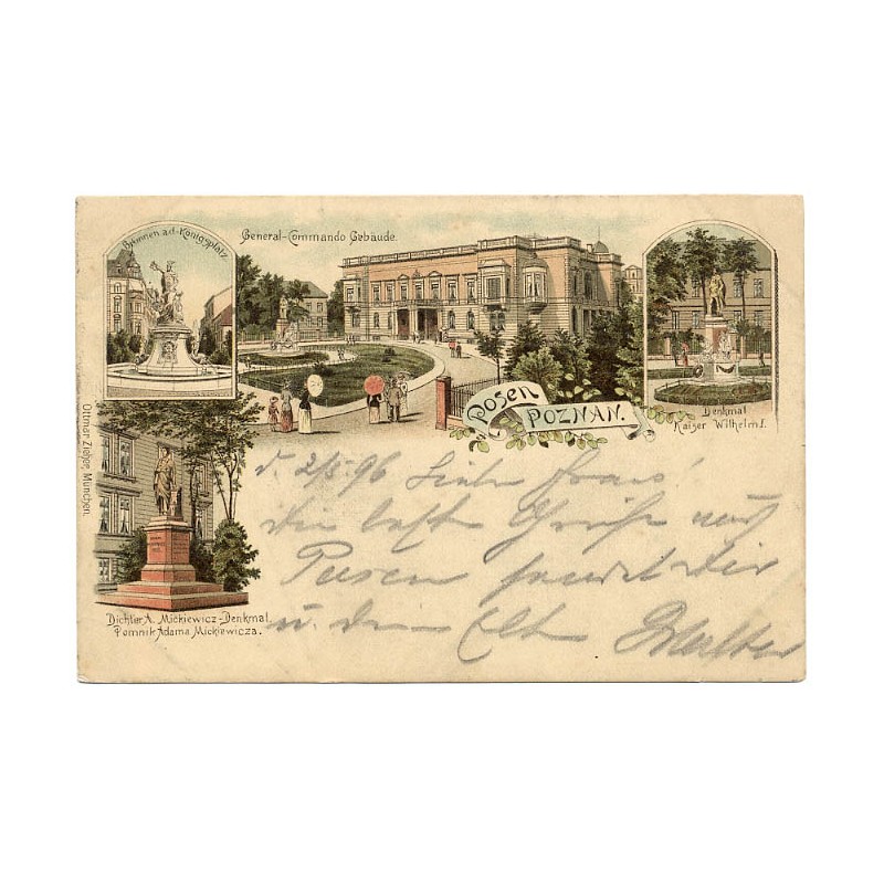 Posen. Poznan. Brunnen a.d.-Königsplatz. General-Commando Gebäude. Denkmal Kaiser Wilhelm I. Dichter A. Mickiewicz - Denkmal. Po