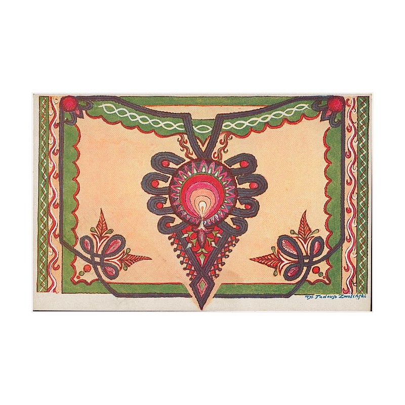 Ozdoby wyszywane: "parzenica" granatowa ze spodni oraz naszycia zielone i narożniki z "cuchy" czyli guni góralskiej