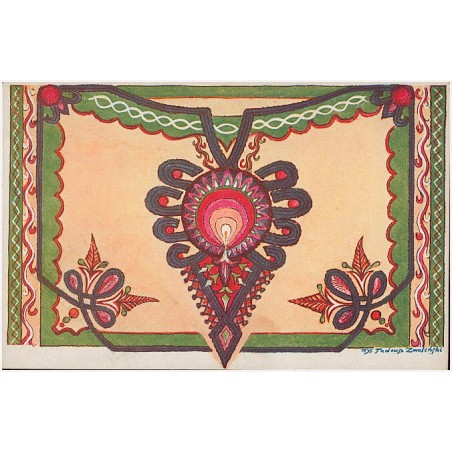 Ozdoby wyszywane: "parzenica" granatowa ze spodni oraz naszycia zielone i narożniki z "cuchy" czyli guni góralskiej