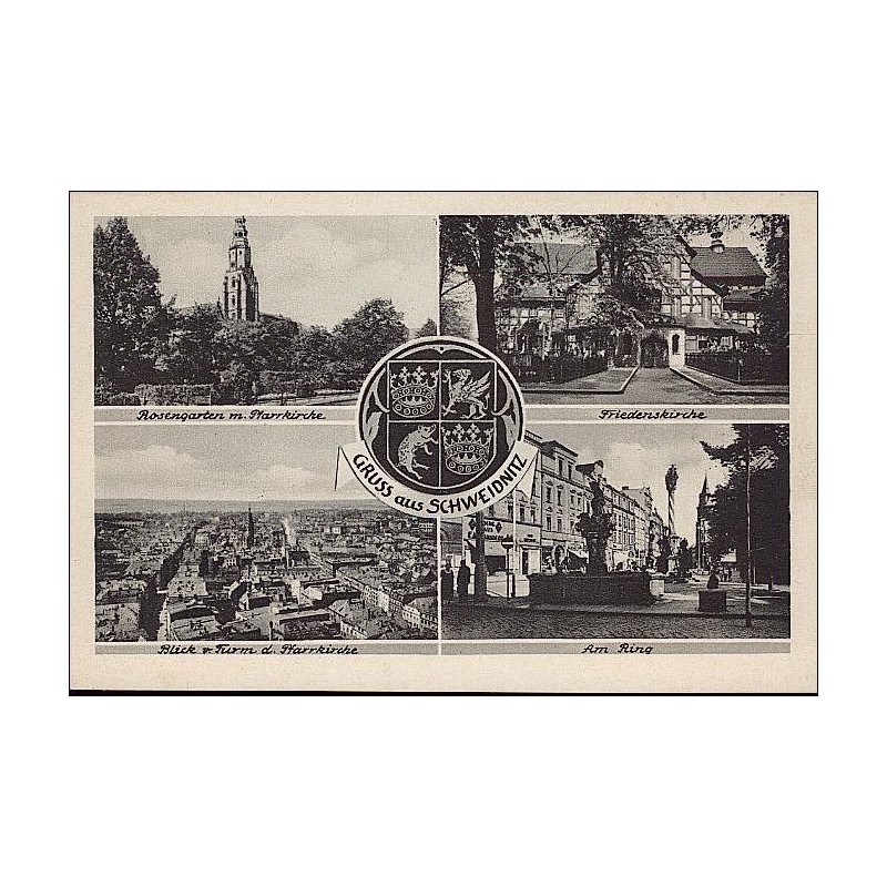 Gruss aus Schweidnitz. Rosengarten m. Pfarrkirche. Friedenskirche. Blick v. Turm d. Pfarrkirche. Am Ring