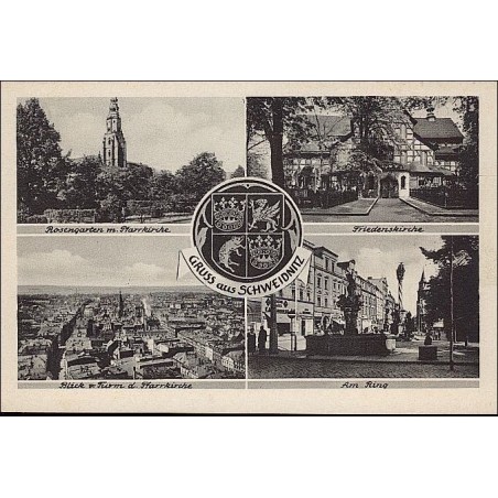 Gruss aus Schweidnitz. Rosengarten m. Pfarrkirche. Friedenskirche. Blick v. Turm d. Pfarrkirche. Am Ring