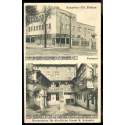 Scharley-Dt. Piekar. Postamt. Urząd Pocztowo-Telegraficzny. Werkstätten für kirchliche Kunst K. Schaefer. Dziedziniec fabryczny