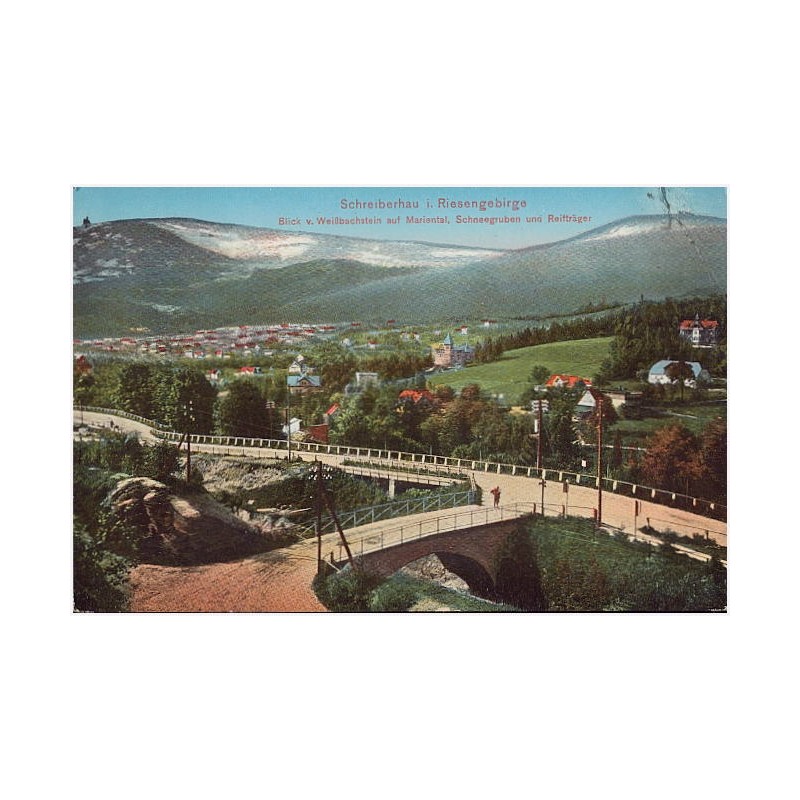 Schreiberhau i. Riesengebirge. Blick v. Weißbachstein auf Mariental, Schneegruben und Reifträger