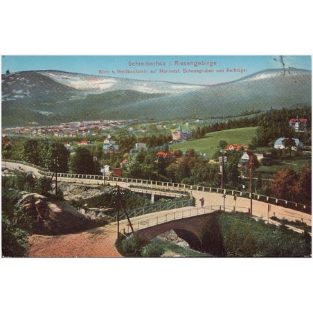 Schreiberhau i. Riesengebirge. Blick v. Weißbachstein auf Mariental, Schneegruben und Reifträger