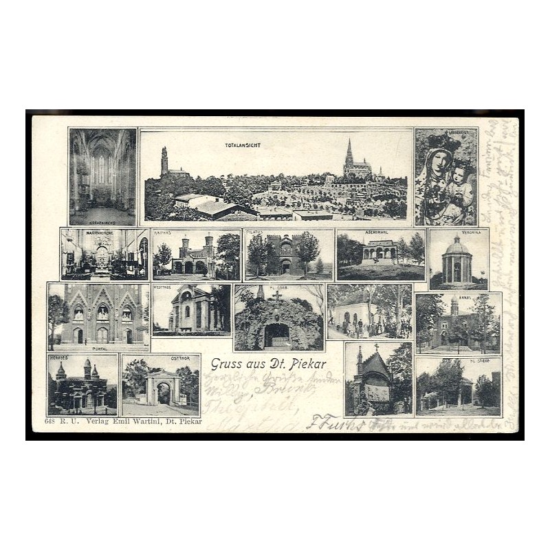 Gruss aus Dt. Piekar. Kreuzkirche. Totalansicht. Gnadenbild. Marienkirche. Kaiphas. Pilatus. Abendmahl. Veronika. Portal. Westth