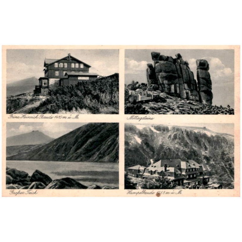 Prinz-Heinrich-Baude, 1423 m ü. M. Mittagsteine. Großer Teich. Hampelbaude 1258 m ü. M. / Rewers: Riesengebirge