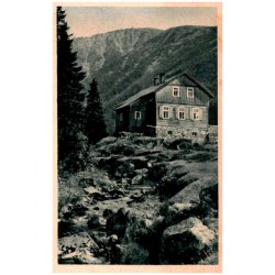 Schles. Gebirgsbilder n. Or.-Aufnahme von O. Blau. Nr. 8. Grossmannbaude (im Riesengrunde) und Schneekoppe / Obří důl