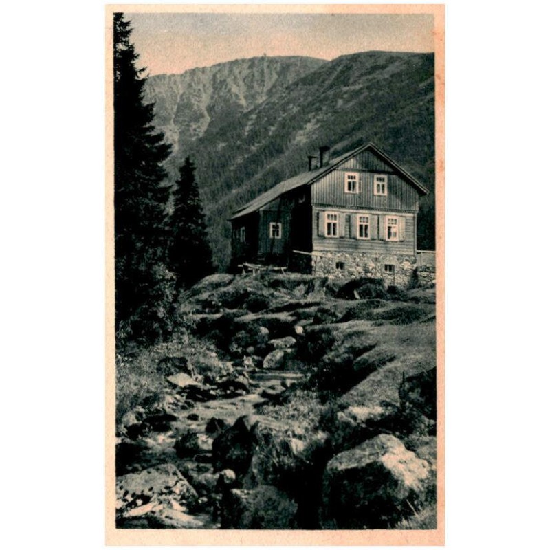 Schles. Gebirgsbilder n. Or.-Aufnahme von O. Blau. Nr. 8. Grossmannbaude (im Riesengrunde) und Schneekoppe / Obří důl
