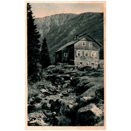 Schles. Gebirgsbilder n. Or.-Aufnahme von O. Blau. Nr. 8. Grossmannbaude (im Riesengrunde) und Schneekoppe / Obří důl