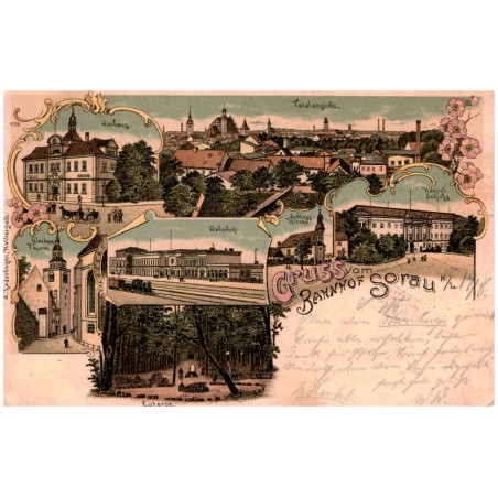 Gruss vom Bahnhof Sorau N./L. Rathaus. Totalansicht. Glocken-Thurm. Bahnhof. Schloss-Kirche. Königl. Schloss. Euterpe.