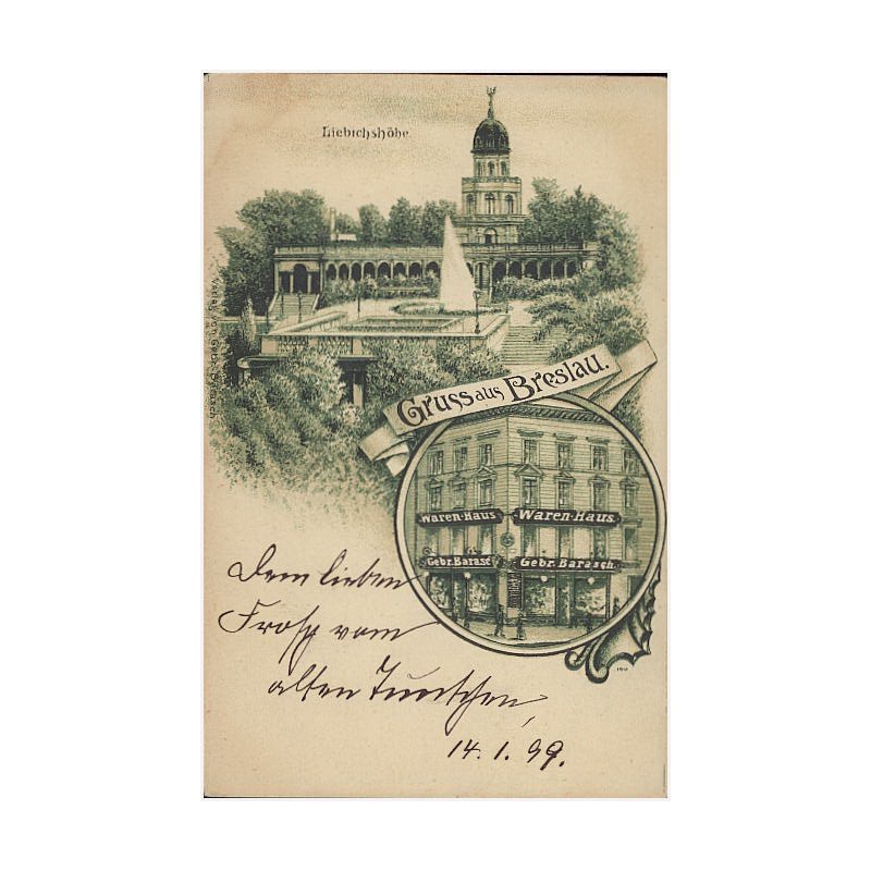 Gruss aus Breslau. Liebichshöhe. Waren-Haus Gebr. Barasch