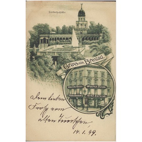 Gruss aus Breslau. Liebichshöhe. Waren-Haus Gebr. Barasch