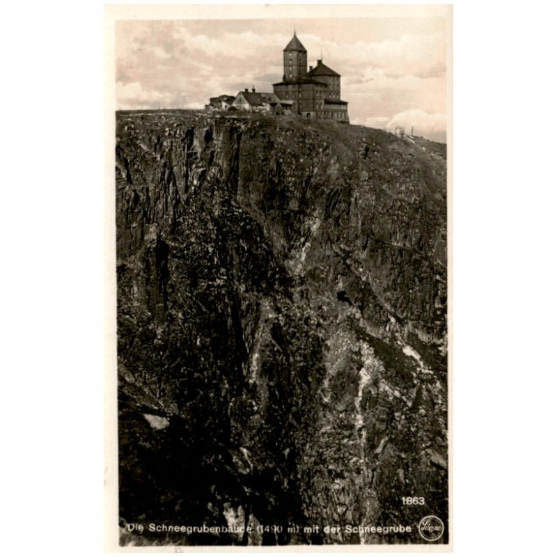 Die Schneegrubenbaude (1490 m) mit der Schneegrube 1863 Silesia / Rewers: Riesengebirge. Die Schneegrubenbaude 1490 m mit der Sc