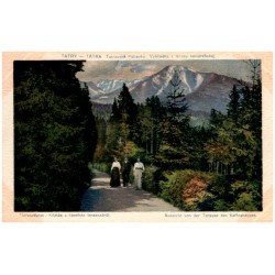 Tatry - Tátra. Tatranská Polianka: Vyhliadka z terasy kaviareňskej. Tátraszéplak: Kilátás a kavéház terasszáról. Aussicht von de