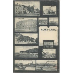 Nowy-Targ. Szkoła i kościół. Ratusz. Gimnazyum. Sokół. Pierścieniowa cegielnia parowa. Rynek. Ochronka i planty. Stacya kolejowa