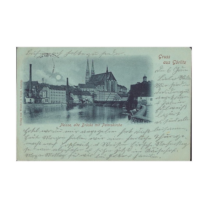 Gruß aus Görlitz. Neisse, alte Brücke mit Peterskirche