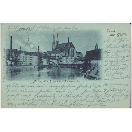 Gruß aus Görlitz. Neisse, alte Brücke mit Peterskirche