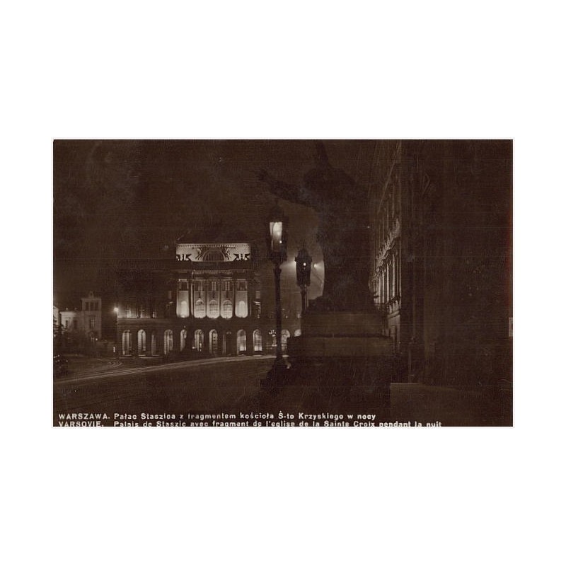 Warszawa. Pałac Staszica z fragmentem kościoła Ś-to Krzyskiego w nocy. Varsovie. Palais de Staszic [...]