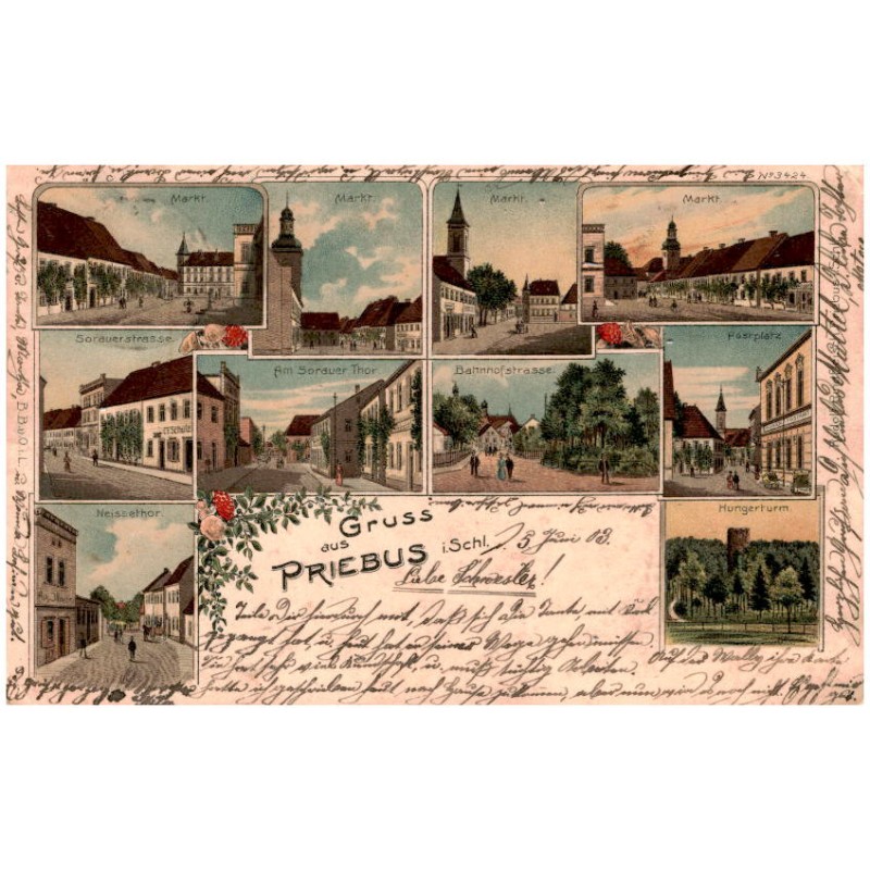 Gruss aus Priebus i. Schl. Markt. Markt. Markt. Markt. Sorauerstrasse. Am Sorauer Thor. Bahnhofstrasse. Postplatz. Neissethor. H
