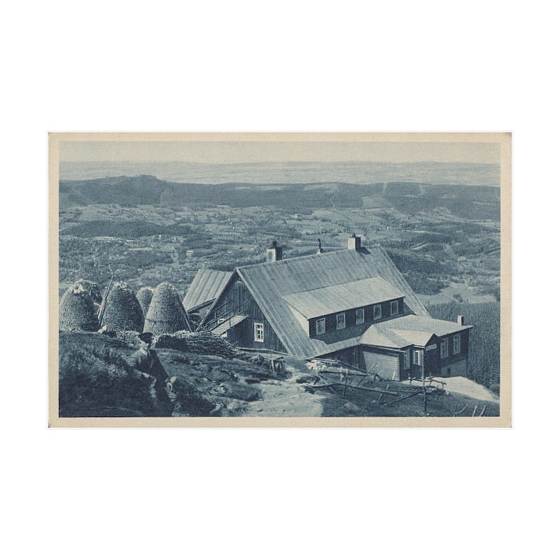 Schlesische Gebirgsbilder. Riesengebirge. Alte schlesische Baude, 1168 m ü. M. mit Blick nach Ober-Schreiberhau