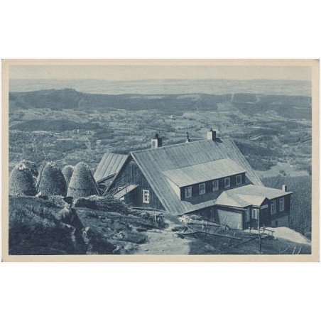 Schlesische Gebirgsbilder. Riesengebirge. Alte schlesische Baude, 1168 m ü. M. mit Blick nach Ober-Schreiberhau