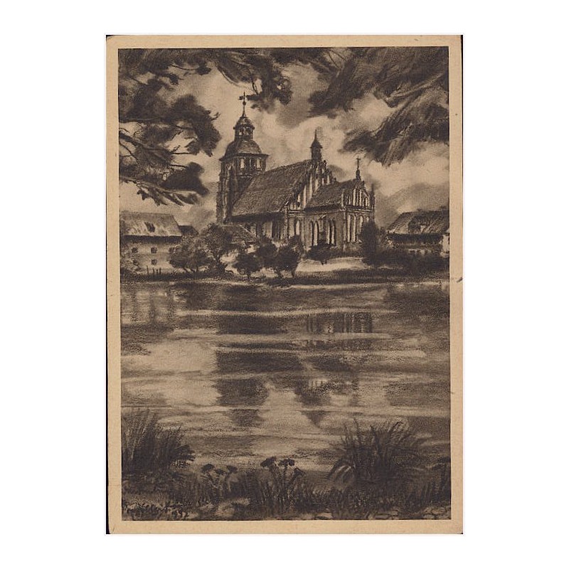 Ostpreussischte Städte. Wartenburg, Blick auf Pfarrkirche. Kohlezeichnung von Heinz Powilleit
