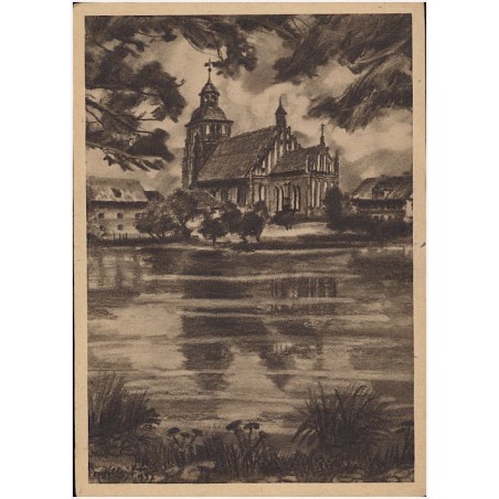 Ostpreussischte Städte. Wartenburg, Blick auf Pfarrkirche. Kohlezeichnung von Heinz Powilleit