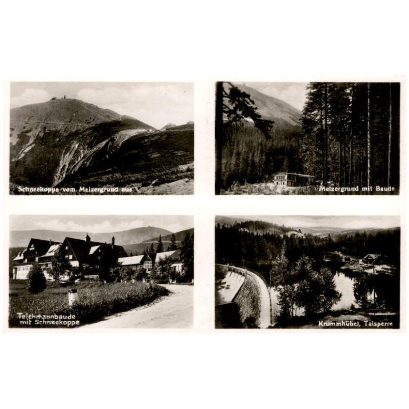 Schneekoppe vom Melzergrund aus. Melzergrund mit Baude. Teichmannbaude mit Schneekoppe. Krummhübel, Talsperre