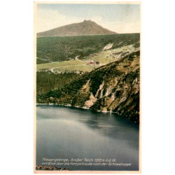 Riesengebirge, Großer Teich 1225 m ü. d. M. mit Blick über die Hampelbaude nach der Schneekoppe