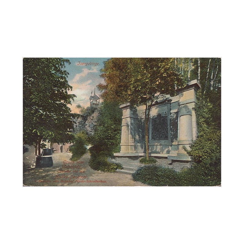 Isergebirge. Gruss vom Moltkefels [...] Moltke-Denkmal 5. Minuten vom Bahnhof Nieder-Schreiberhau