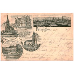 Gruss aus Penzig i/Schles.,d. [...]. Kaiserl. Postamt. Die Katholische Kirche. Evang. Kirche. Bahnhof.
