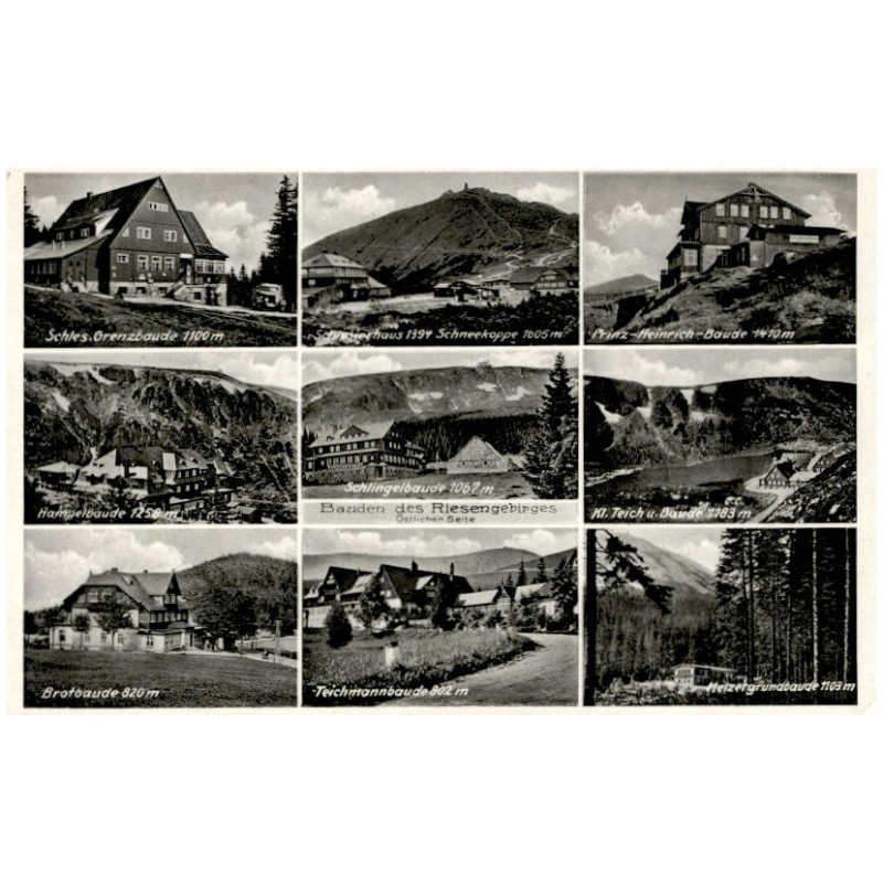 Bauden des Riesengebirges. Östlicher Seite. Schles. Grenzbaude 1110 m. Schlesierhaus 1394 Scneekoppe 1605 m. Prinz-Heinrich-Baud