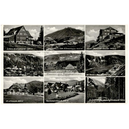 Bauden des Riesengebirges. Östlicher Seite. Schles. Grenzbaude 1110 m. Schlesierhaus 1394 Scneekoppe 1605 m. Prinz-Heinrich-Baud