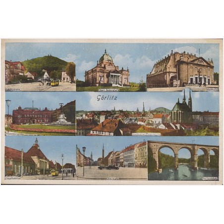 Görlitz. Landeskrone. Hindenburgplatz. Hauptbahnof. Oberl. Gedenkhalle. Stadthalle. Stadtbild mit Peterskirche. Obermarkt. Neiße