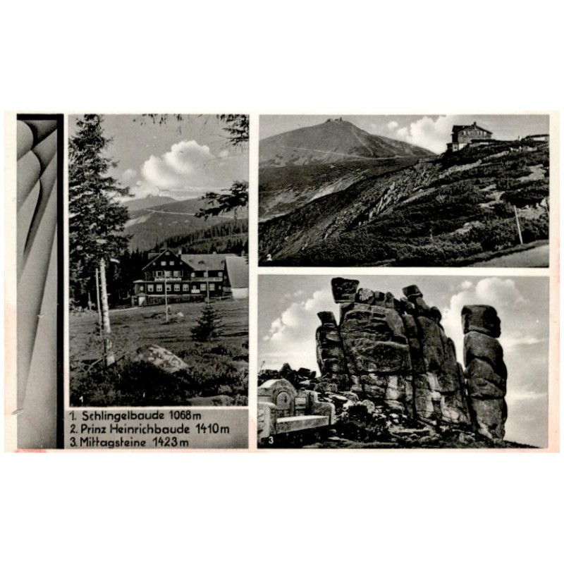 1. Schlingelbaude 1068 m. 2. Prinz Heinrichbaude 1410 m. 3. Mittagsteine 1423 m