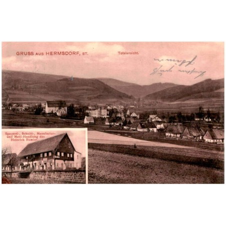 Gruss aus Hermsdorf, St. Totalansicht. Specerei-, Schnitt-, Manufactur- und Mehl-Handlung des Heinrich Rumler.