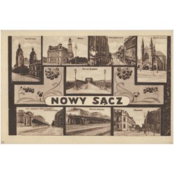 Nowy Sącz. Kościół farny. Ratusz. Ulica Jagielońska. Kaplica szkolna. Most nad Dunajcem. Ulica Długosza. Sokół-Gimnazjum i szkoł