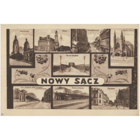 Nowy Sącz. Kościół farny. Ratusz. Ulica Jagielońska. Kaplica szkolna. Most nad Dunajcem. Ulica Długosza. Sokół-Gimnazjum i szkoł
