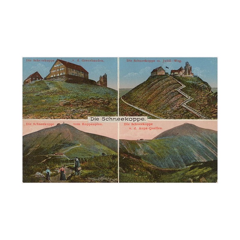 Die Schneekoppe. Die Schneekoppe v. d. Grenzbauden. Die Schneekoppe m. Jubil.-Weg. Die Schneekoppe vom Koppenplan. Die Schneekop