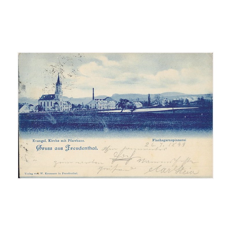 Gruss aus Freudenthal. Evangel. Kirche mit Pfarrhaus. Flaschsgarnspinnerei