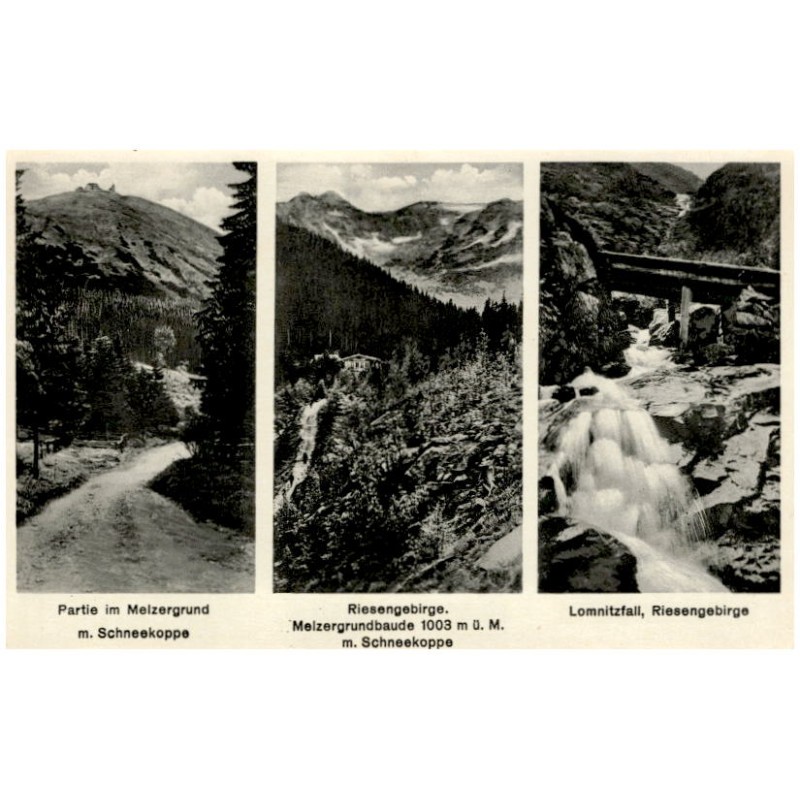 Riesengebirge. Partie im Melzergrund m. Schneekoppe. Melzergrundbaude 1003 m ü. M. m. Schneekoppe. Lomnitzfall, Riesengebirge