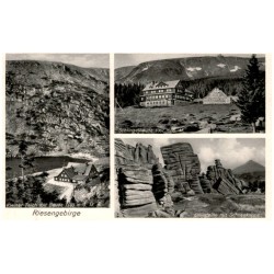 Riesengebirge. Kleiner Teich mit Baude 1183 m ü. M. Schlingelbaude 1067 m ü. M. Dreisteine mit Schneekoppe