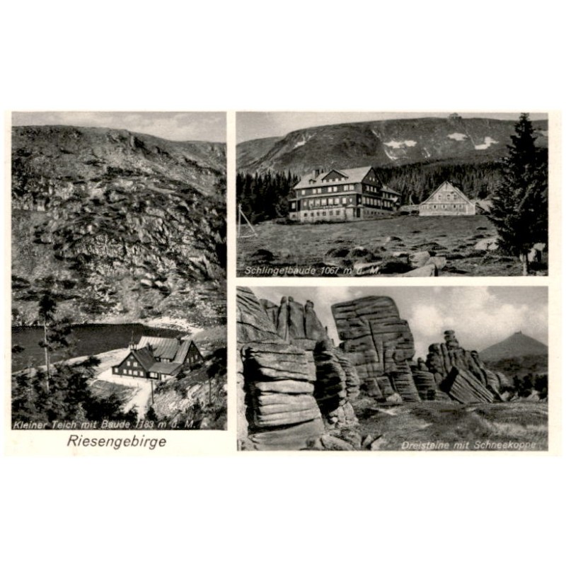 Riesengebirge. Kleiner Teich mit Baude 1183 m ü. M. Schlingelbaude 1067 m ü. M. Dreisteine mit Schneekoppe