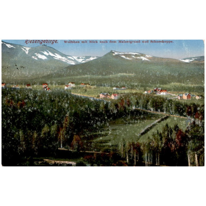 Riesengebirge. Wolfshau mit Blick nach dem Malzergrund und Schneekoppe.