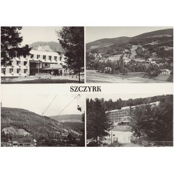 Szczyrk / Rewers: Szczyrk. Dom Wycieczkowy PTTK. Widok ogólny. Dolna stacja wyciągu krzesełkowego na Skrzyczne. Dom Wypoczynkowy