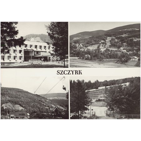 Szczyrk / Rewers: Szczyrk. Dom Wycieczkowy PTTK. Widok ogólny. Dolna stacja wyciągu krzesełkowego na Skrzyczne. Dom Wypoczynkowy